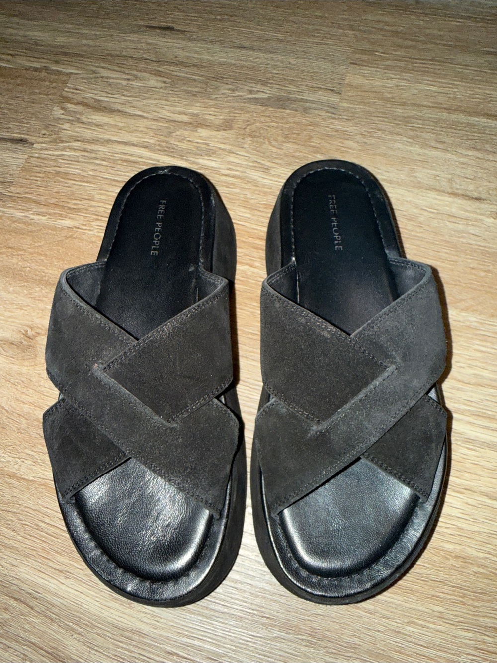 Free People Platform Black Suede Crisscross Slide Sandals